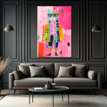 Güneş Gözlüklü Patchwork Kedi Cam Tablo - Modern Sanat Duvar Dekoru - Glazella