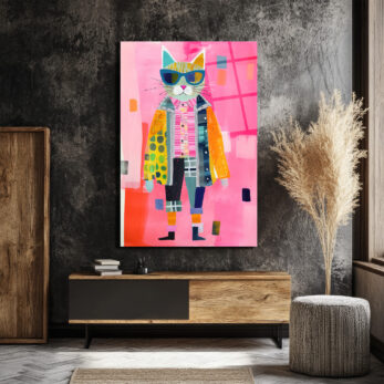 Güneş Gözlüklü Patchwork Kedi Cam Tablo - Modern Sanat Duvar Dekoru - Glazella