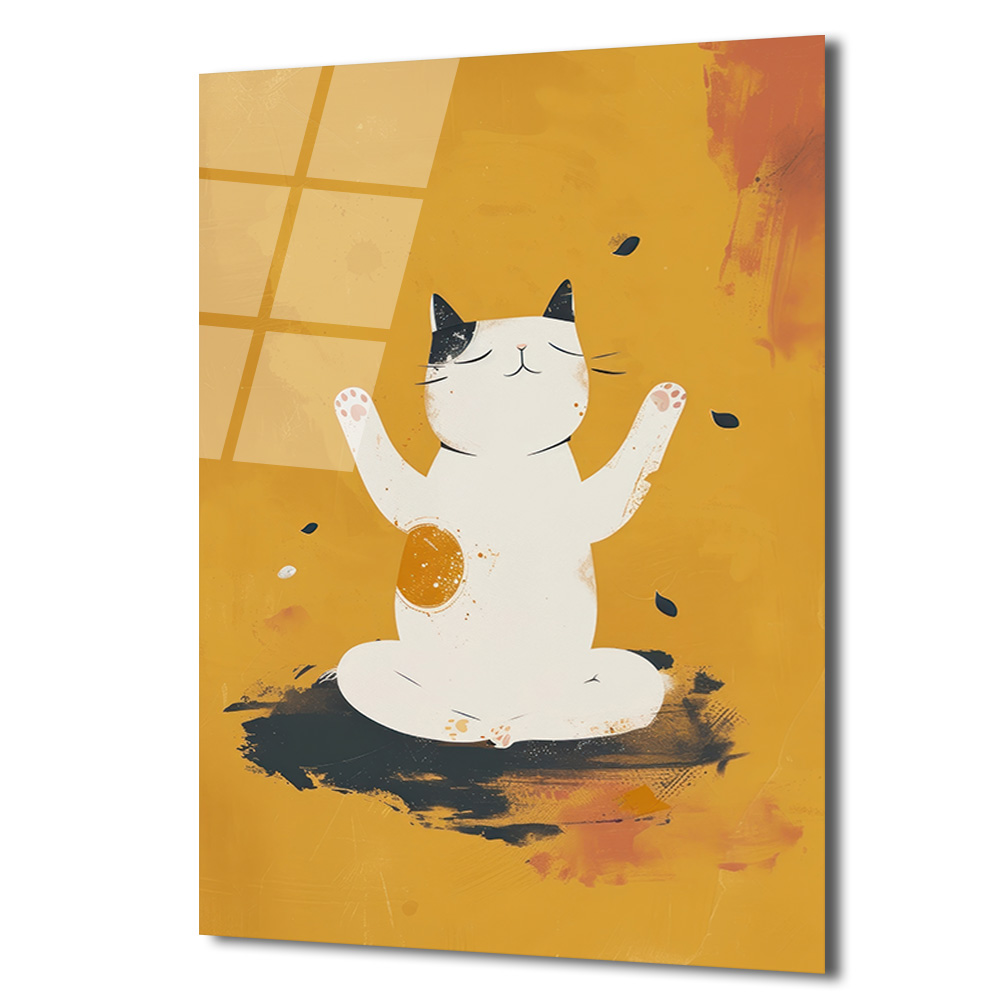 Zen Kedi Meditasyon Temalı Modern Cam Tablo - Glazella Zen Kedi Meditasyon Temalı Modern Cam Tablo - Glazella