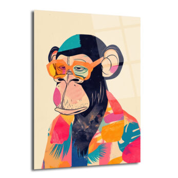 Cool Şempanze: Renkli Gözlüklü Pop Art Cam Tablo - Glazella