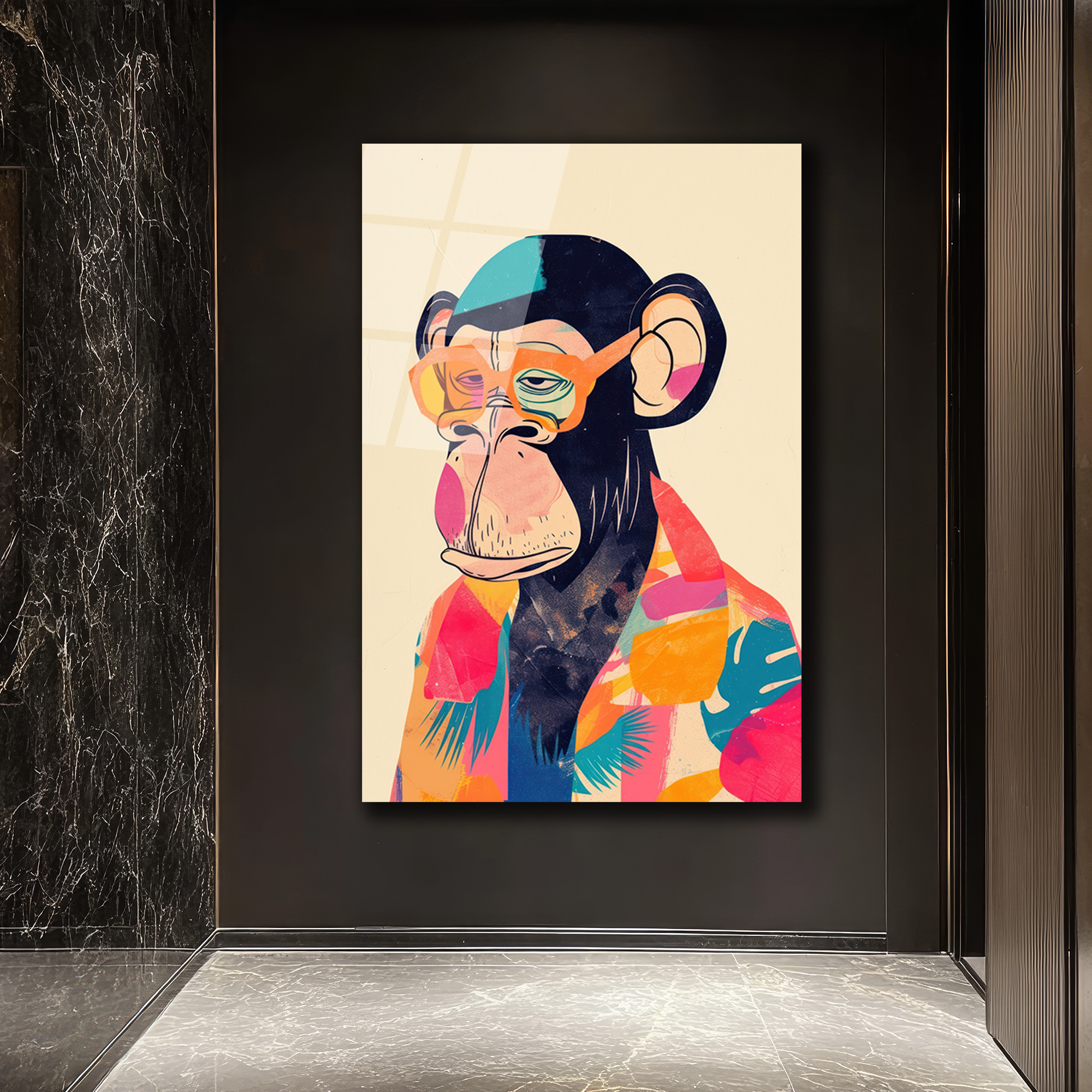 Cool Şempanze: Renkli Gözlüklü Pop Art Cam Tablo - Glazella Cool Şempanze: Renkli Gözlüklü Pop Art Cam Tablo - Glazella