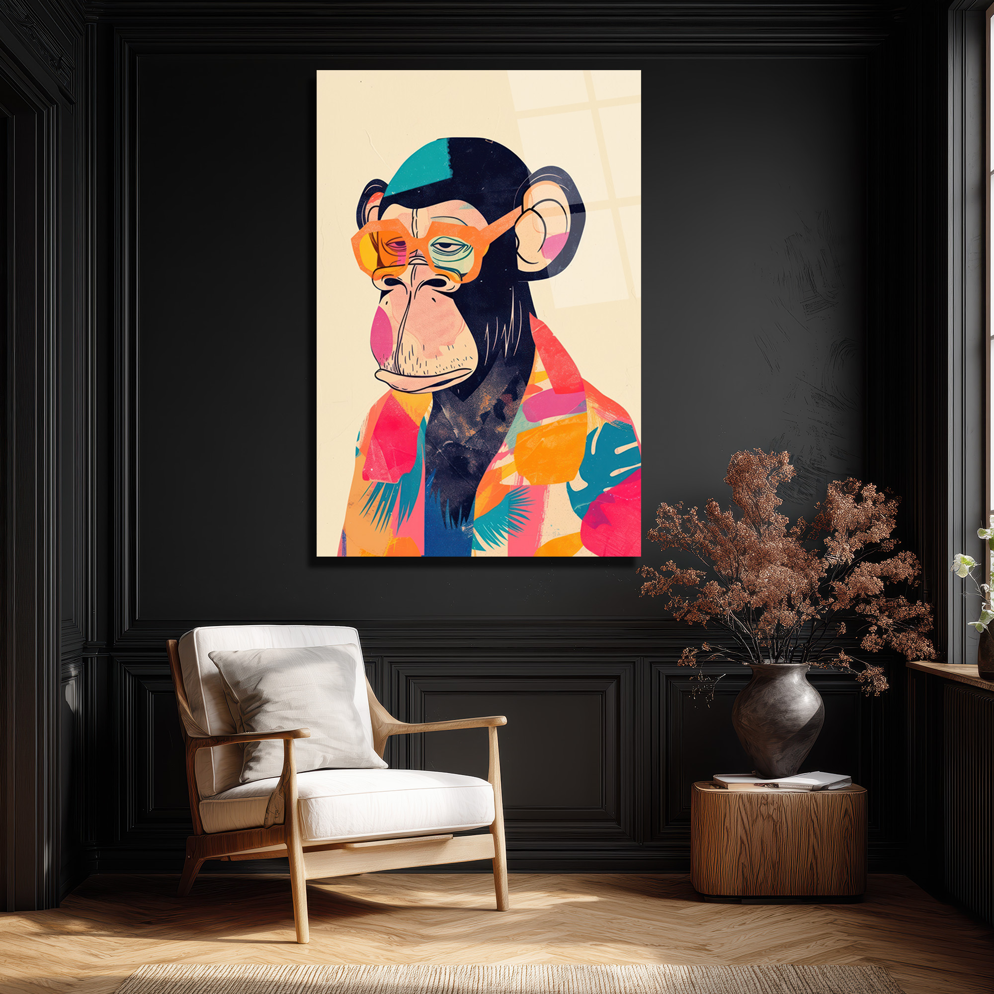 Cool Şempanze: Renkli Gözlüklü Pop Art Cam Tablo - Glazella Cool Şempanze: Renkli Gözlüklü Pop Art Cam Tablo - Glazella