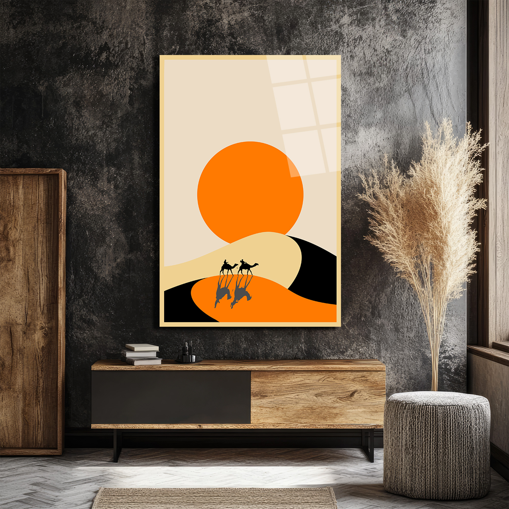 Çöl Güneşi ve Deve Kervanı Cam Tablo - Minimalist Duvar Sanatı - Glazella Çöl Güneşi ve Deve Kervanı Cam Tablo - Minimalist Duvar Sanatı - Glazella