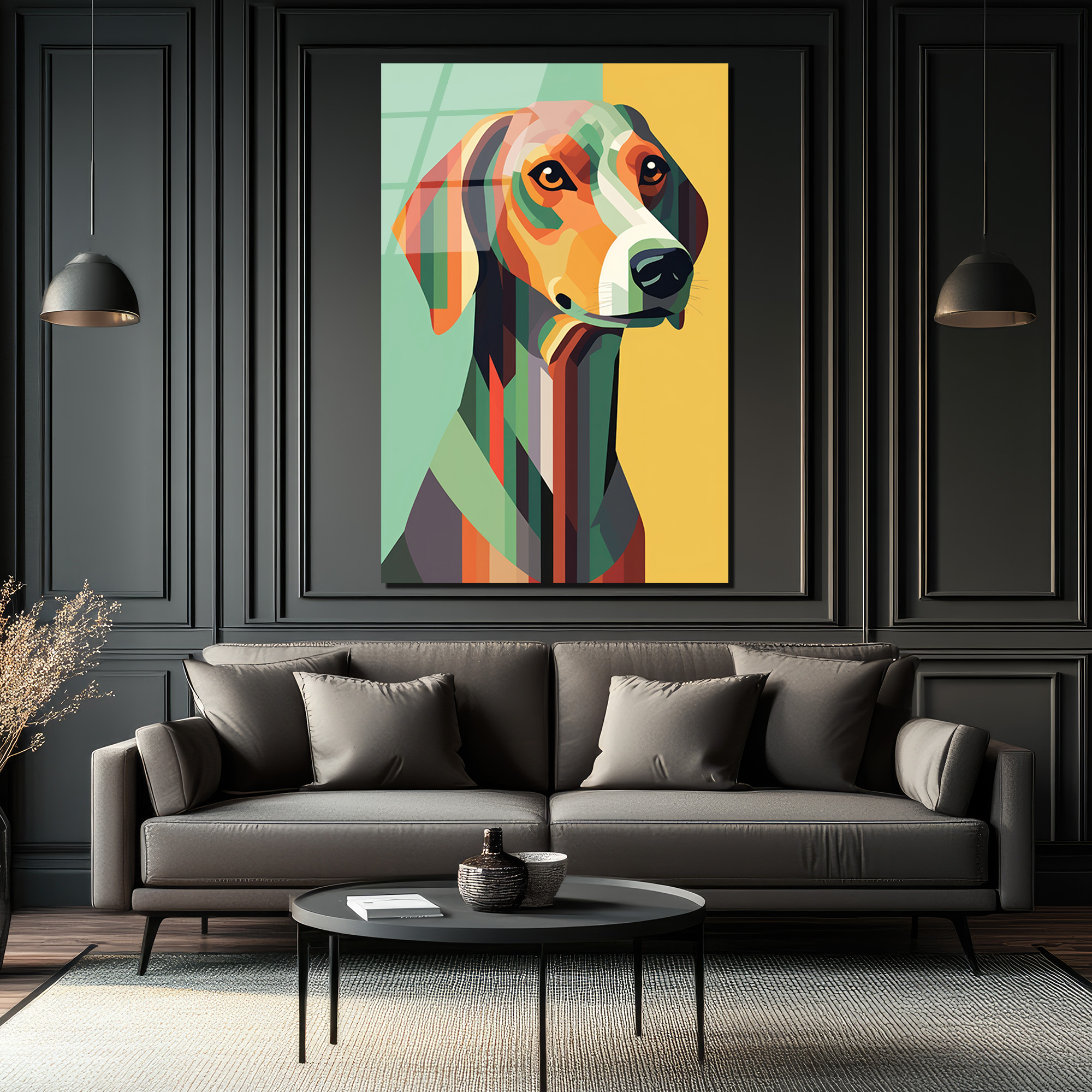 Modern Geometrik Köpek Sanatı Cam Tablo - Glazella Modern Geometrik Köpek Sanatı Cam Tablo - Glazella