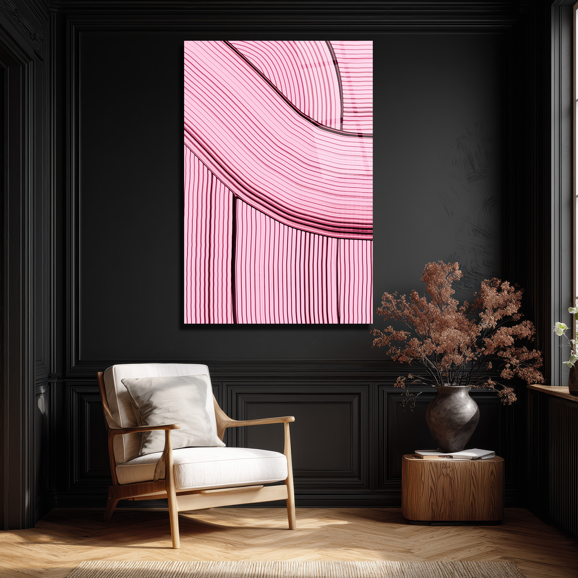 Pembe Rüyalar: Dinamik Çizgili Modern Cam Tablo - Glazella Pembe Rüyalar: Dinamik Çizgili Modern Cam Tablo - Glazella