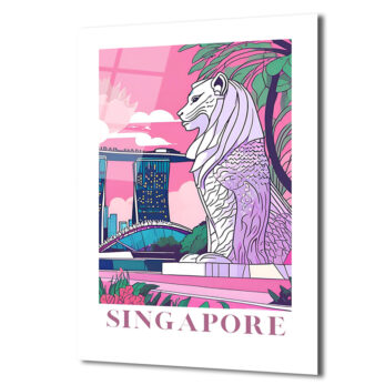 Singapur Merlion Marina Bay Sands Pembe Tonlu Modern Cam Tablo - Glazella Singapur Merlion Marina Bay Sands Pembe Tonlu Modern Cam Tablo - Glazella