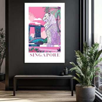Singapur Merlion Marina Bay Sands Pembe Tonlu Modern Cam Tablo - Glazella Singapur Merlion Marina Bay Sands Pembe Tonlu Modern Cam Tablo - Glazella