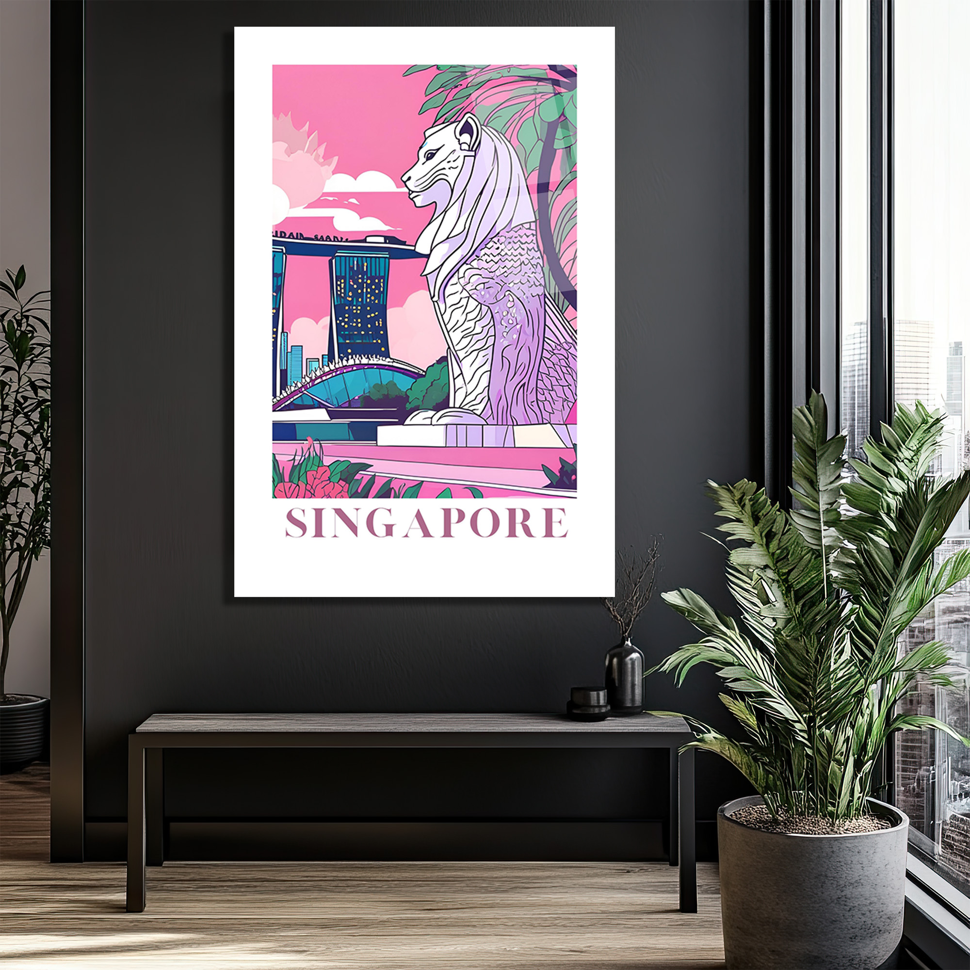Singapur Merlion Marina Bay Sands Pembe Tonlu Modern Cam Tablo - Glazella Singapur Merlion Marina Bay Sands Pembe Tonlu Modern Cam Tablo - Glazella