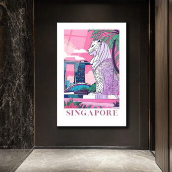 Singapur Merlion Marina Bay Sands Pembe Tonlu Modern Cam Tablo - Glazella Singapur Merlion Marina Bay Sands Pembe Tonlu Modern Cam Tablo - Glazella