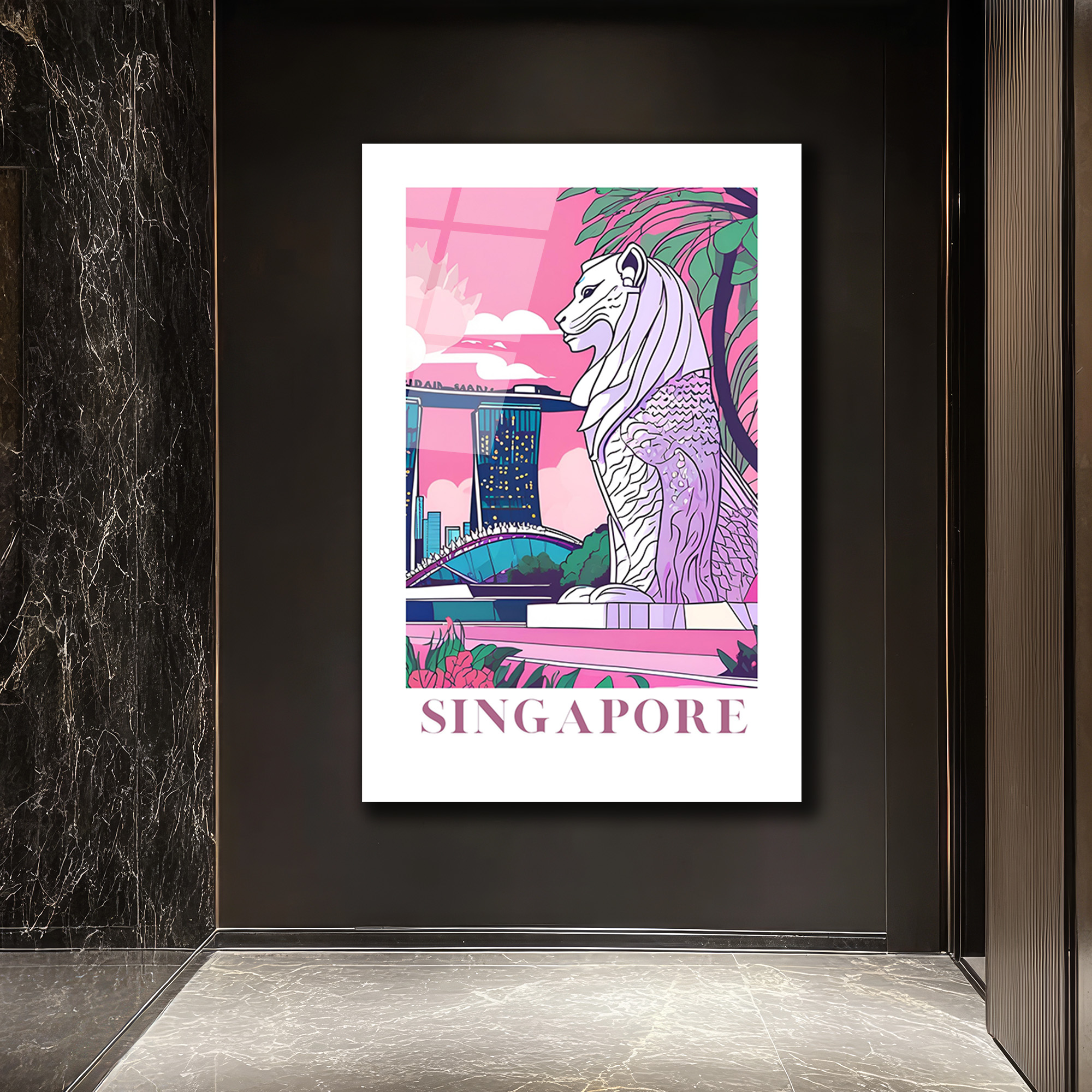 Singapur Merlion Marina Bay Sands Pembe Tonlu Modern Cam Tablo - Glazella Singapur Merlion Marina Bay Sands Pembe Tonlu Modern Cam Tablo - Glazella