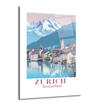 Zürih İsviçre Manzarası Cam Tablo - Alp Dağları ve Nehir Şehri - Glazella
