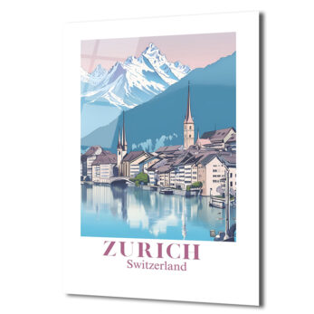 Zürih İsviçre Manzarası Cam Tablo - Alp Dağları ve Nehir Şehri - Glazella