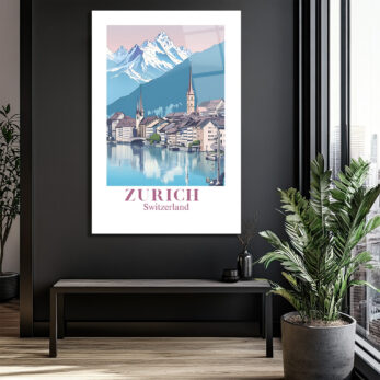 Zürih İsviçre Manzarası Cam Tablo - Alp Dağları ve Nehir Şehri - Glazella
