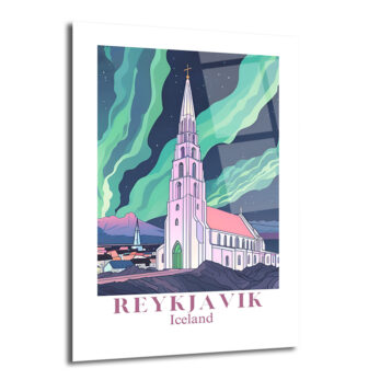 Reykjavik Hallgrímskirkja Kuzey Işıkları Cam Tablo - Glazella
