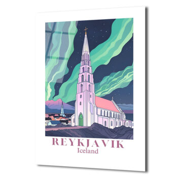 Reykjavik Hallgrímskirkja Kuzey Işıkları Cam Tablo - Glazella