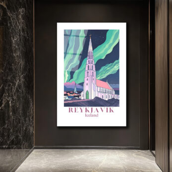 Reykjavik Hallgrímskirkja Kuzey Işıkları Cam Tablo - Glazella