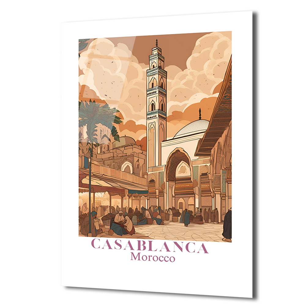 Casablanca Fas Minareli Şehir Manzarası Cam Tablo - Glazella Casablanca Fas Minareli Şehir Manzarası Cam Tablo - Glazella
