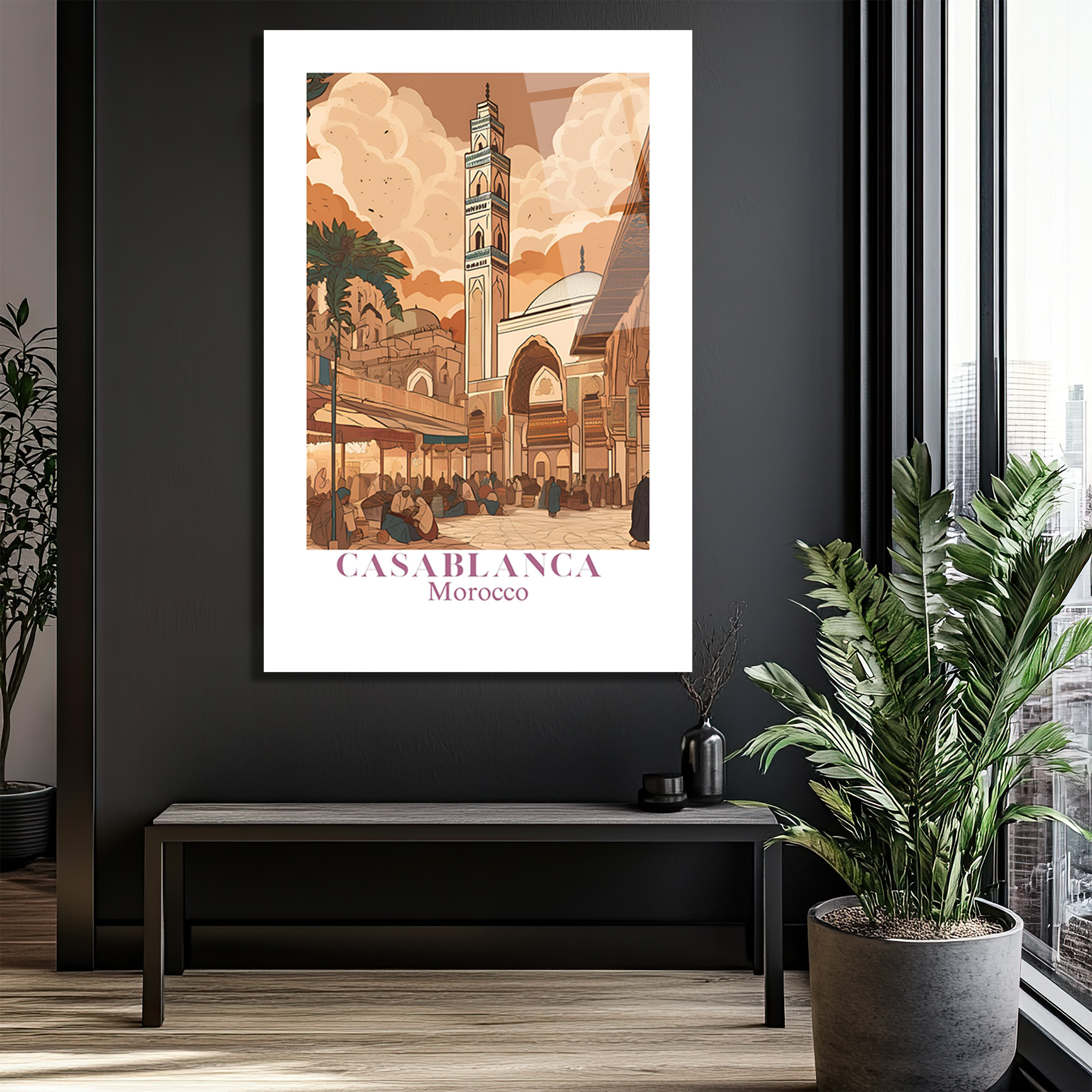 Casablanca Fas Minareli Şehir Manzarası Cam Tablo - Glazella Casablanca Fas Minareli Şehir Manzarası Cam Tablo - Glazella
