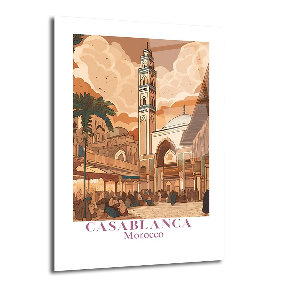 Casablanca Fas Minareli Şehir Manzarası Cam Tablo - Glazella Casablanca Fas Minareli Şehir Manzarası Cam Tablo - Glazella