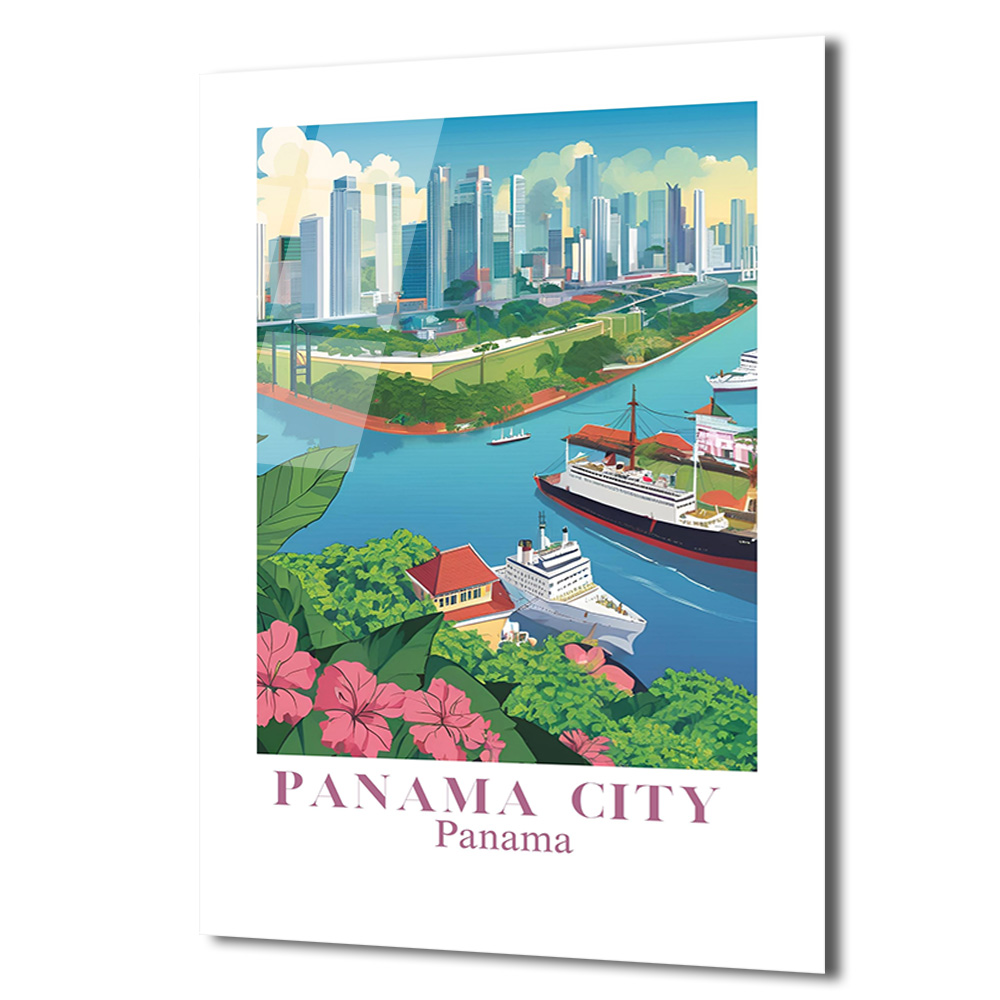 Panama City Modern Sanat Cam Tablo - Şehir ve Kanal Manzarası - Glazella Panama City Modern Sanat Cam Tablo - Şehir ve Kanal Manzarası - Glazella