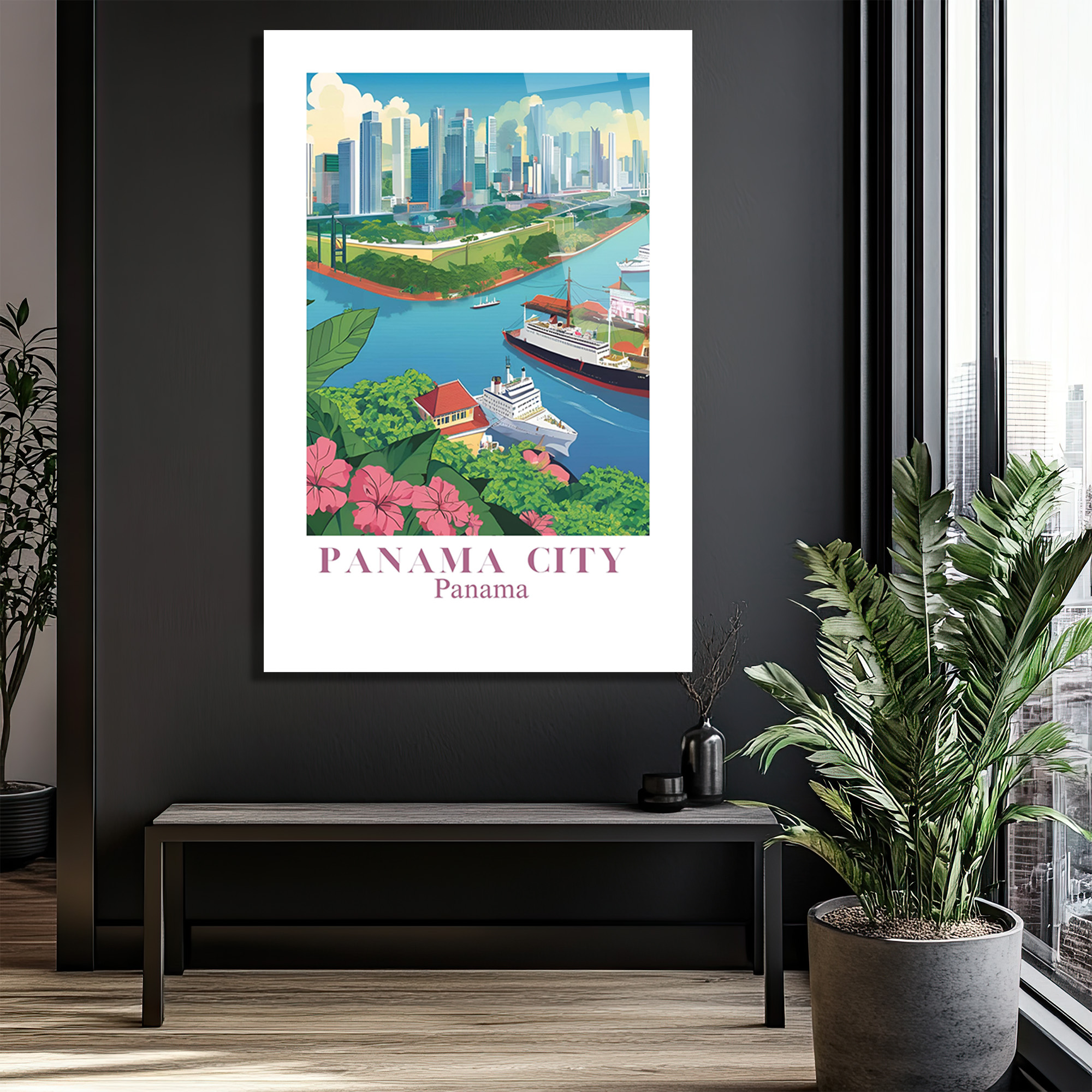 Panama City Modern Sanat Cam Tablo - Şehir ve Kanal Manzarası - Glazella Panama City Modern Sanat Cam Tablo - Şehir ve Kanal Manzarası - Glazella