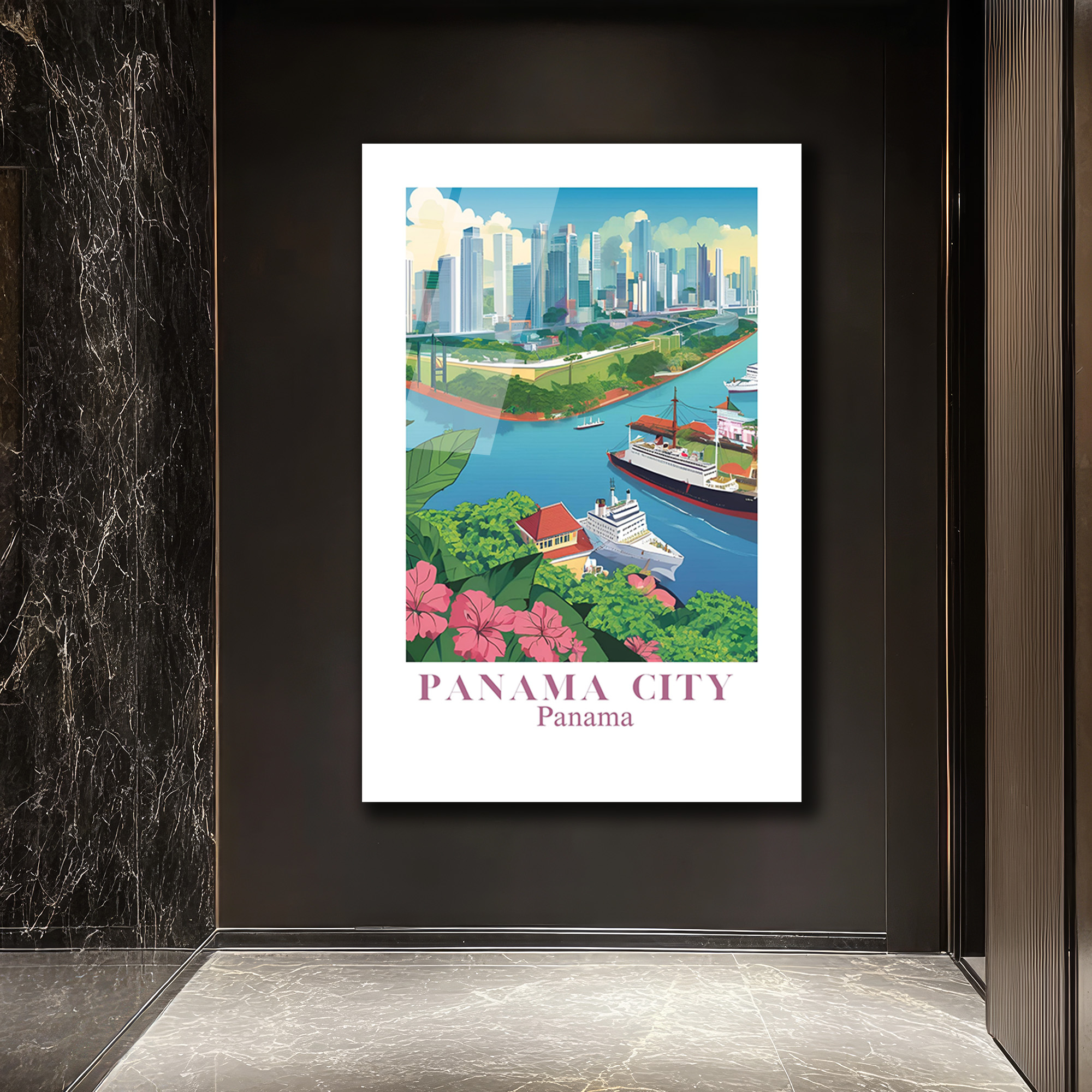 Panama City Modern Sanat Cam Tablo - Şehir ve Kanal Manzarası - Glazella Panama City Modern Sanat Cam Tablo - Şehir ve Kanal Manzarası - Glazella