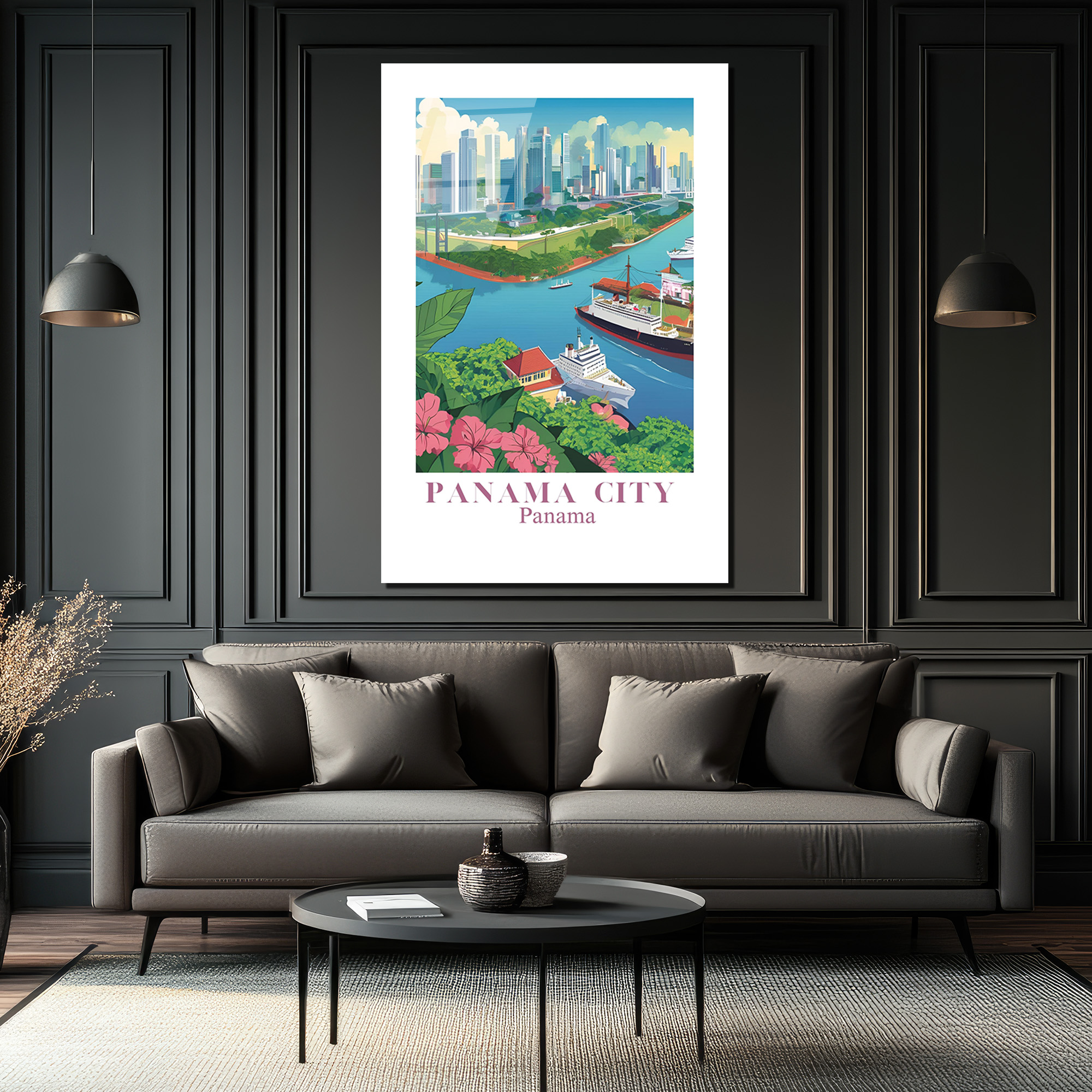 Panama City Modern Sanat Cam Tablo - Şehir ve Kanal Manzarası - Glazella Panama City Modern Sanat Cam Tablo - Şehir ve Kanal Manzarası - Glazella