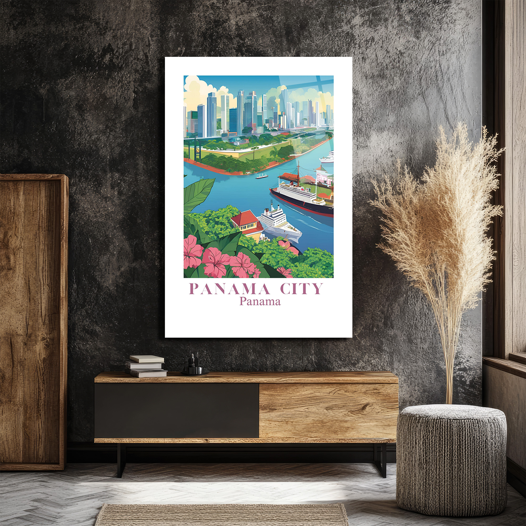 Panama City Modern Sanat Cam Tablo - Şehir ve Kanal Manzarası - Glazella Panama City Modern Sanat Cam Tablo - Şehir ve Kanal Manzarası - Glazella