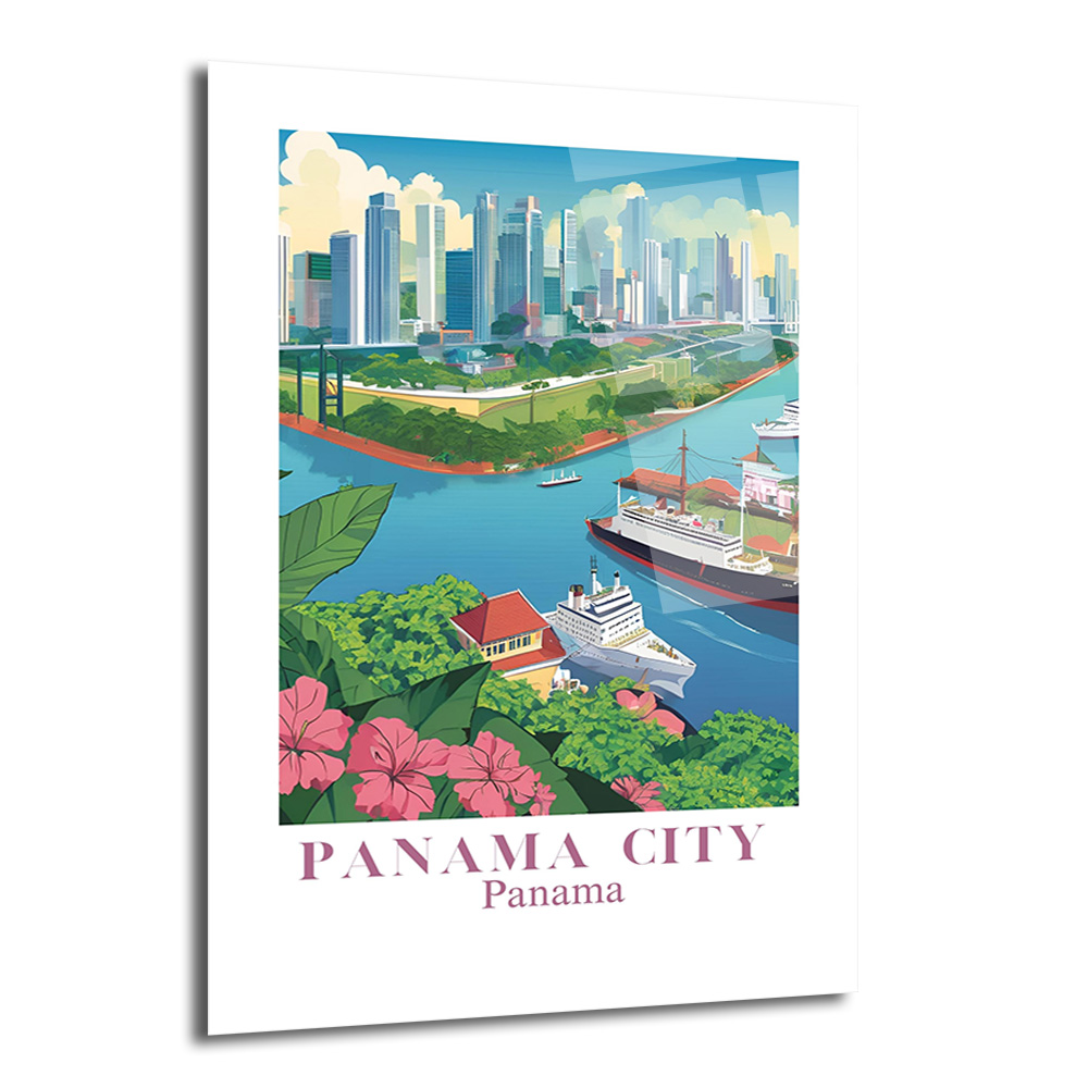 Panama City Modern Sanat Cam Tablo - Şehir ve Kanal Manzarası - Glazella Panama City Modern Sanat Cam Tablo - Şehir ve Kanal Manzarası - Glazella