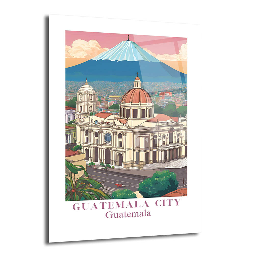Guatemala Şehir Manzarası Cam Tablo: Volkan ve Katedral - Glazella Guatemala Şehir Manzarası Cam Tablo: Volkan ve Katedral - Glazella