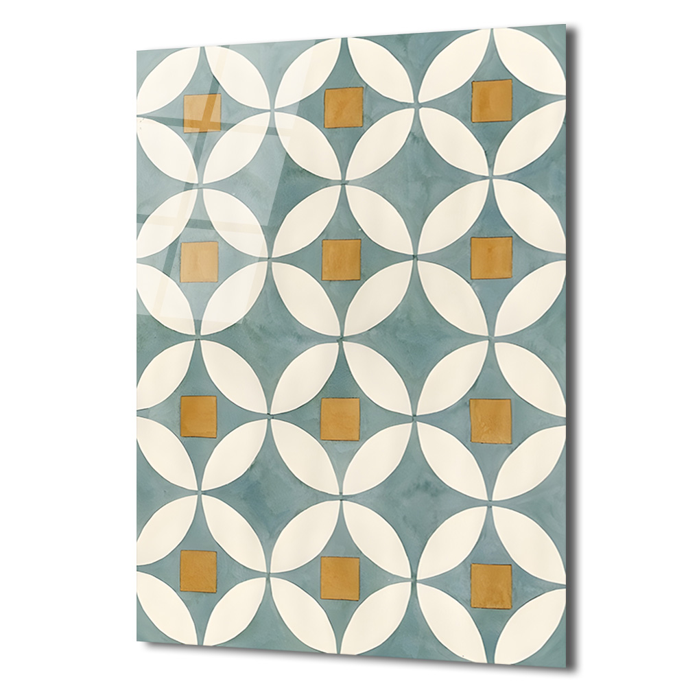 Akdeniz Esintili Geometrik Çiçek Desenli Cam Tablo - Glazella Akdeniz Esintili Geometrik Çiçek Desenli Cam Tablo - Glazella