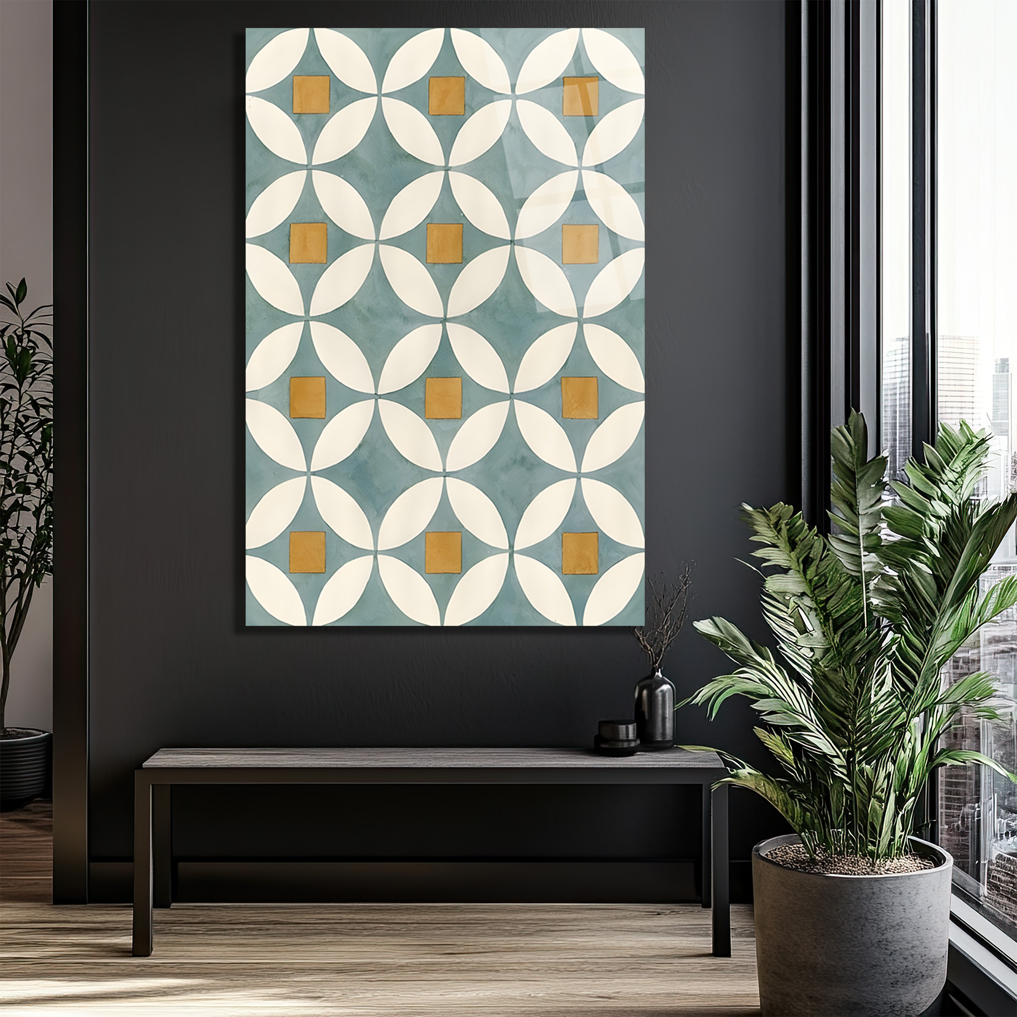 Akdeniz Esintili Geometrik Çiçek Desenli Cam Tablo - Glazella Akdeniz Esintili Geometrik Çiçek Desenli Cam Tablo - Glazella