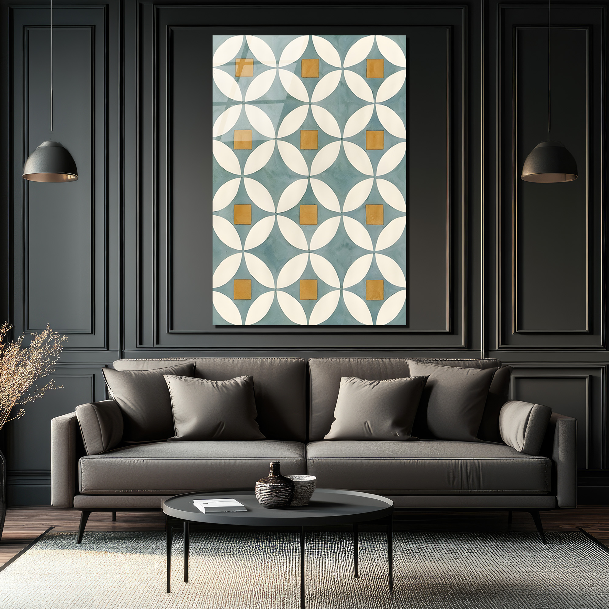 Akdeniz Esintili Geometrik Çiçek Desenli Cam Tablo - Glazella Akdeniz Esintili Geometrik Çiçek Desenli Cam Tablo - Glazella