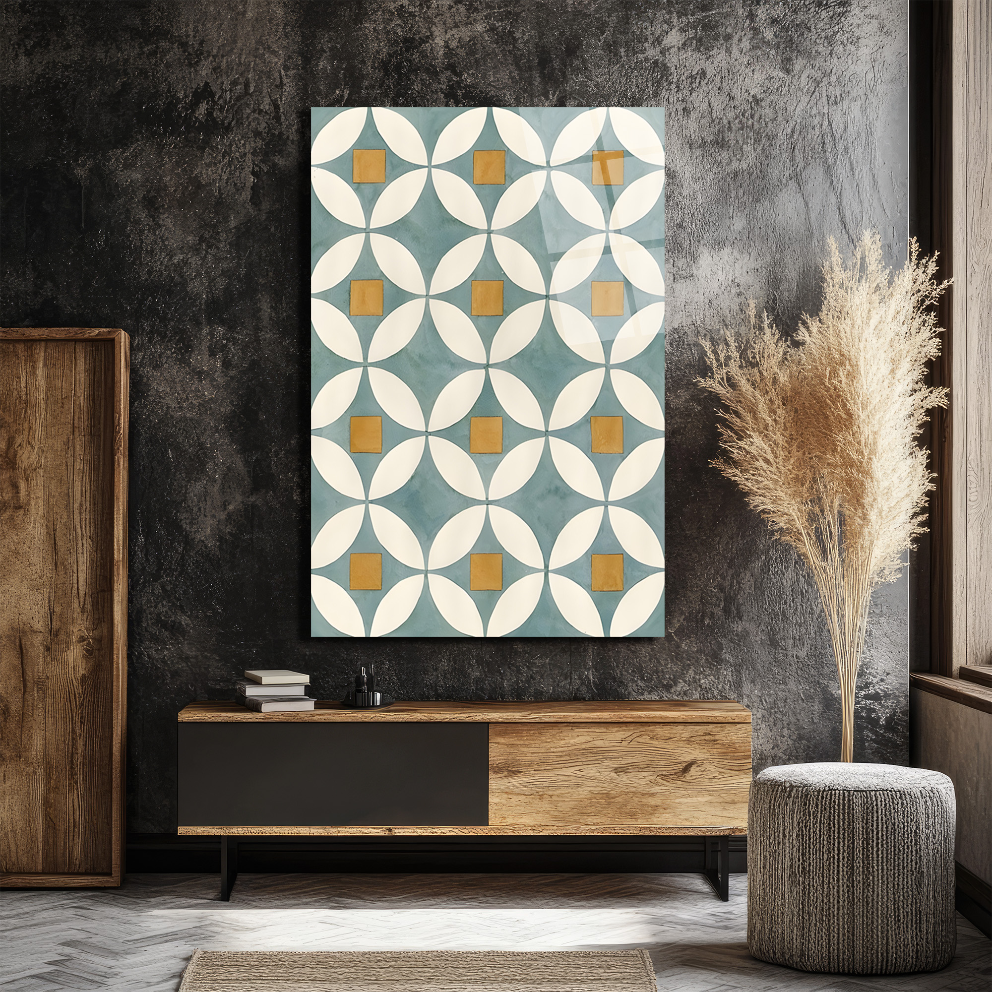 Akdeniz Esintili Geometrik Çiçek Desenli Cam Tablo - Glazella Akdeniz Esintili Geometrik Çiçek Desenli Cam Tablo - Glazella