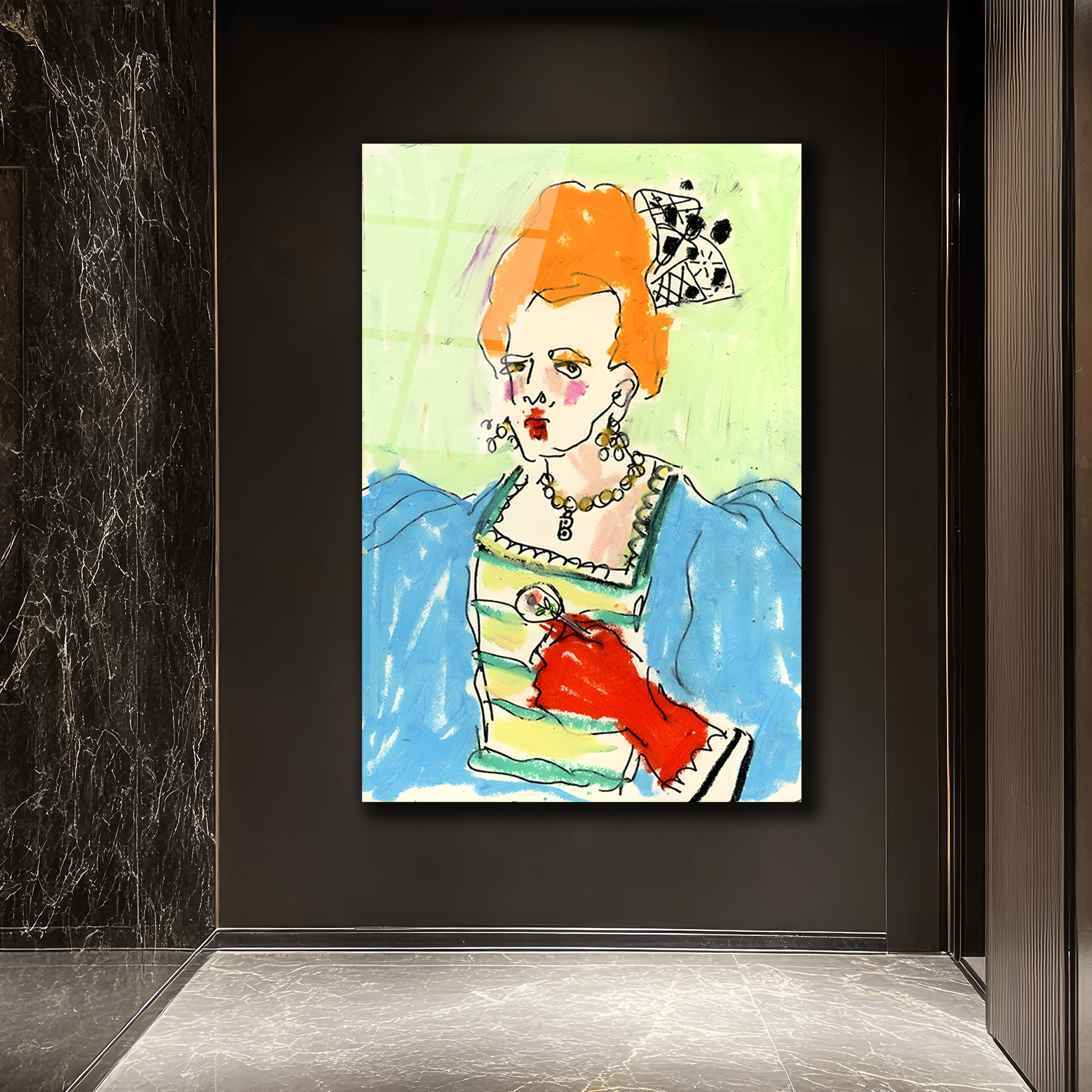 Kırmızı Eldivenli Barok Kraliçe Portresi Modern Sanat Cam Tablo - Glazella Kırmızı Eldivenli Barok Kraliçe Portresi Modern Sanat Cam Tablo - Glazella