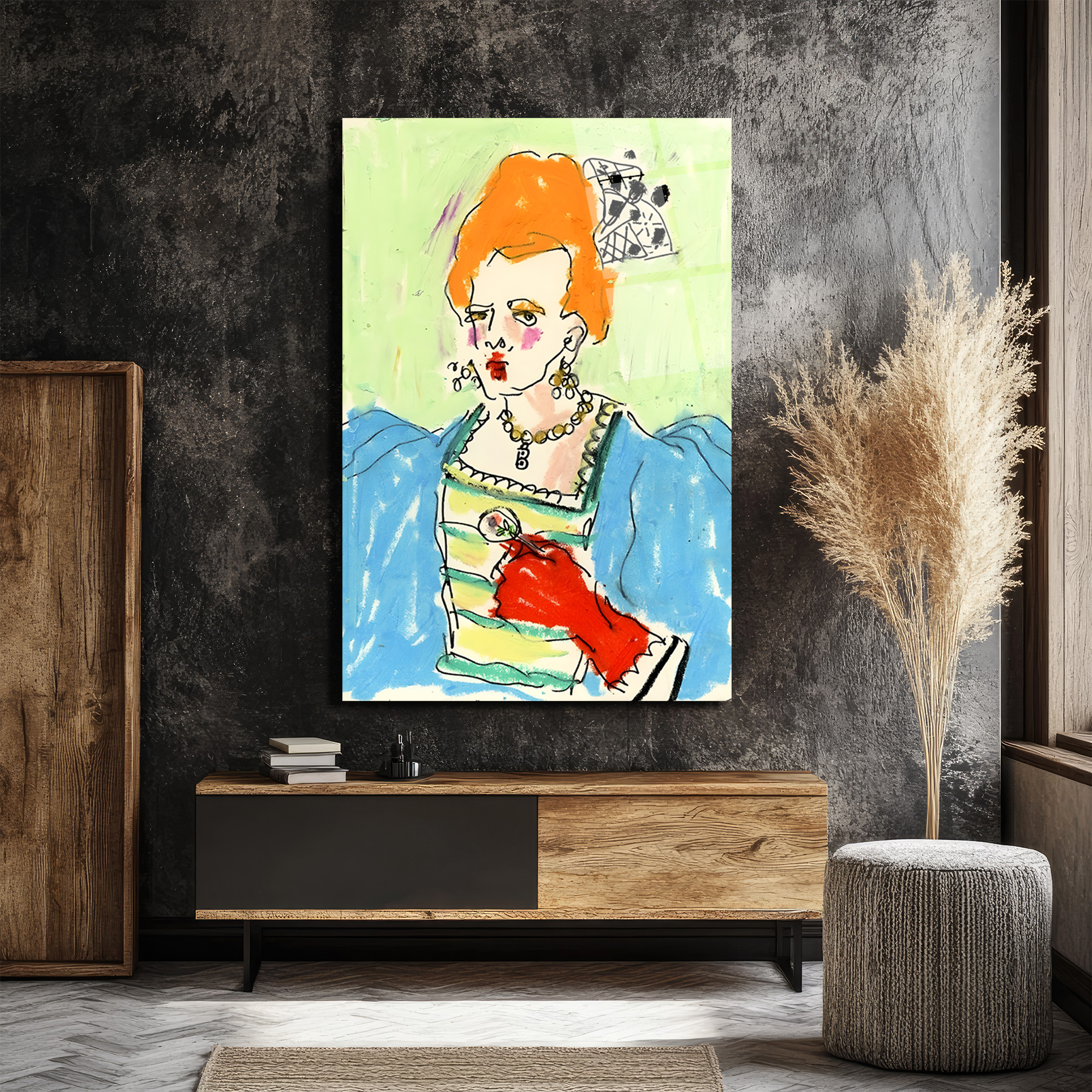 Kırmızı Eldivenli Barok Kraliçe Portresi Modern Sanat Cam Tablo - Glazella Kırmızı Eldivenli Barok Kraliçe Portresi Modern Sanat Cam Tablo - Glazella