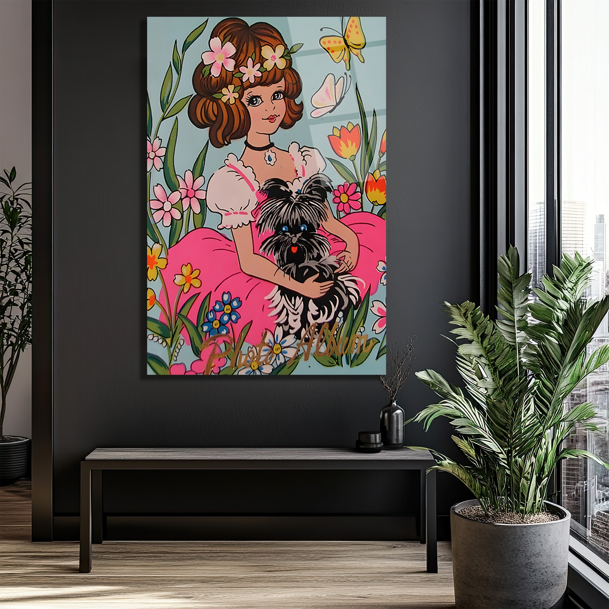 Çiçekler İçinde Sevimli Kız ve Köpeği Retro Temalı Cam Tablo - Glazella Çiçekler İçinde Sevimli Kız ve Köpeği Retro Temalı Cam Tablo - Glazella