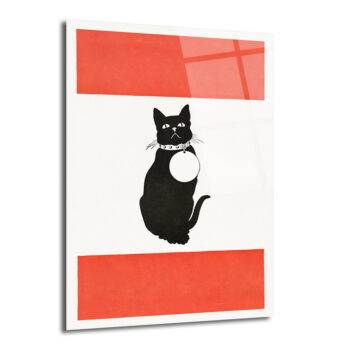 Minimalist Kırmızı Çizgili Siyah Kedi Cam Tablo - Glazella