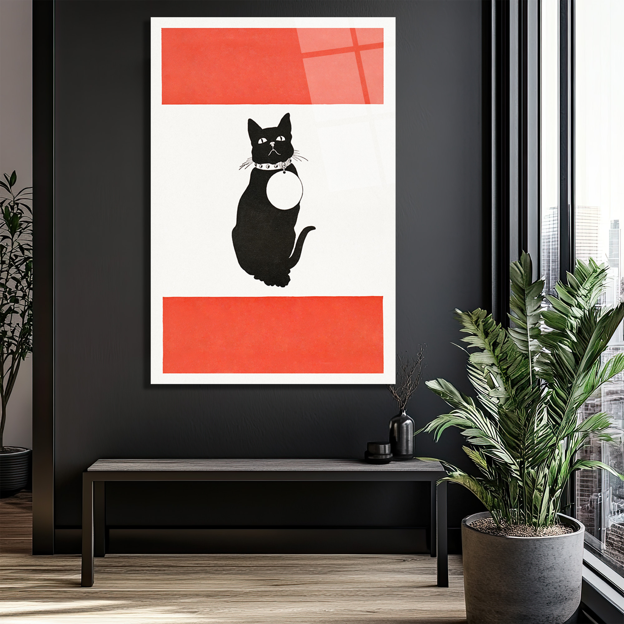 Minimalist Kırmızı Çizgili Siyah Kedi Cam Tablo - Glazella Minimalist Kırmızı Çizgili Siyah Kedi Cam Tablo - Glazella