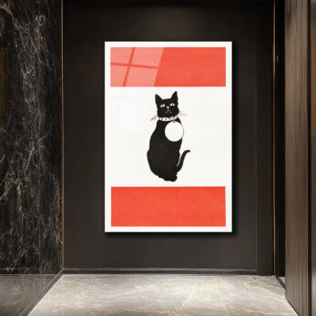 Minimalist Kırmızı Çizgili Siyah Kedi Cam Tablo - Glazella Minimalist Kırmızı Çizgili Siyah Kedi Cam Tablo - Glazella