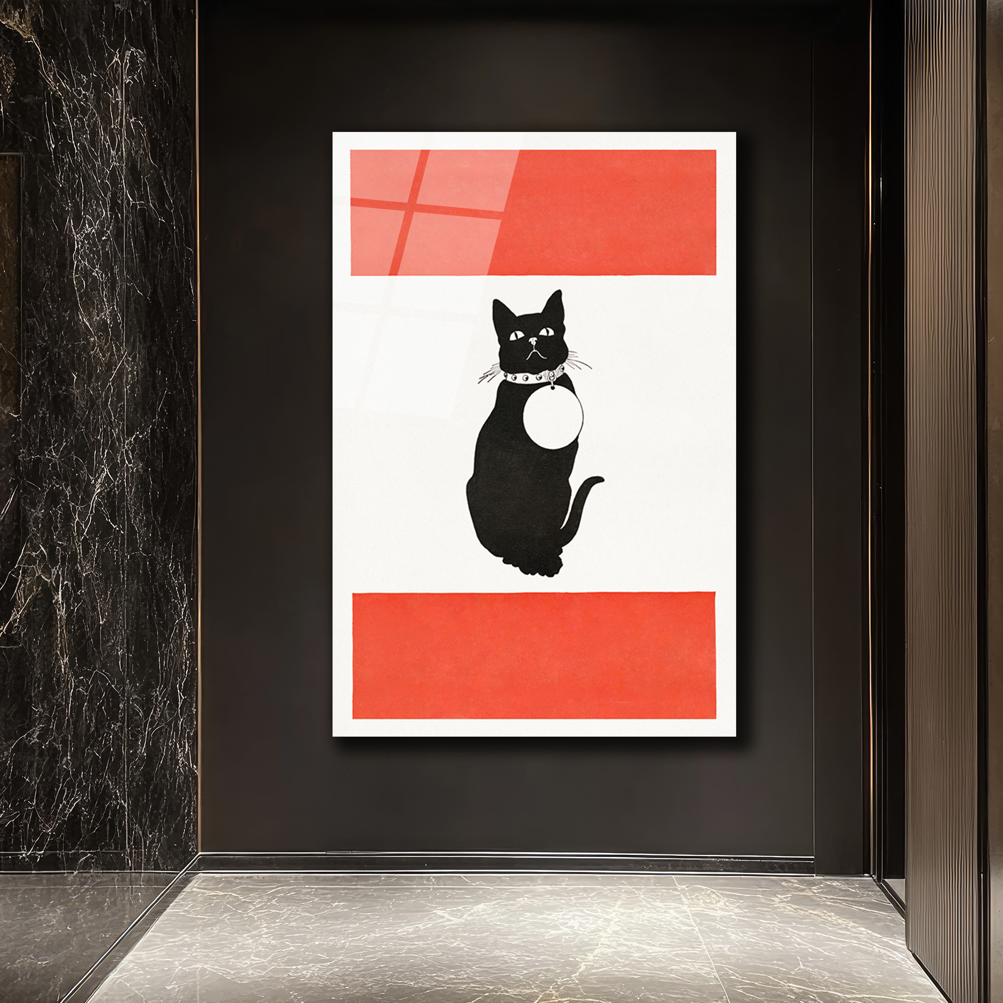 Minimalist Kırmızı Çizgili Siyah Kedi Cam Tablo - Glazella Minimalist Kırmızı Çizgili Siyah Kedi Cam Tablo - Glazella