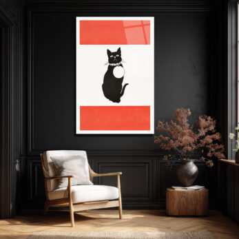 Minimalist Kırmızı Çizgili Siyah Kedi Cam Tablo - Glazella Minimalist Kırmızı Çizgili Siyah Kedi Cam Tablo - Glazella