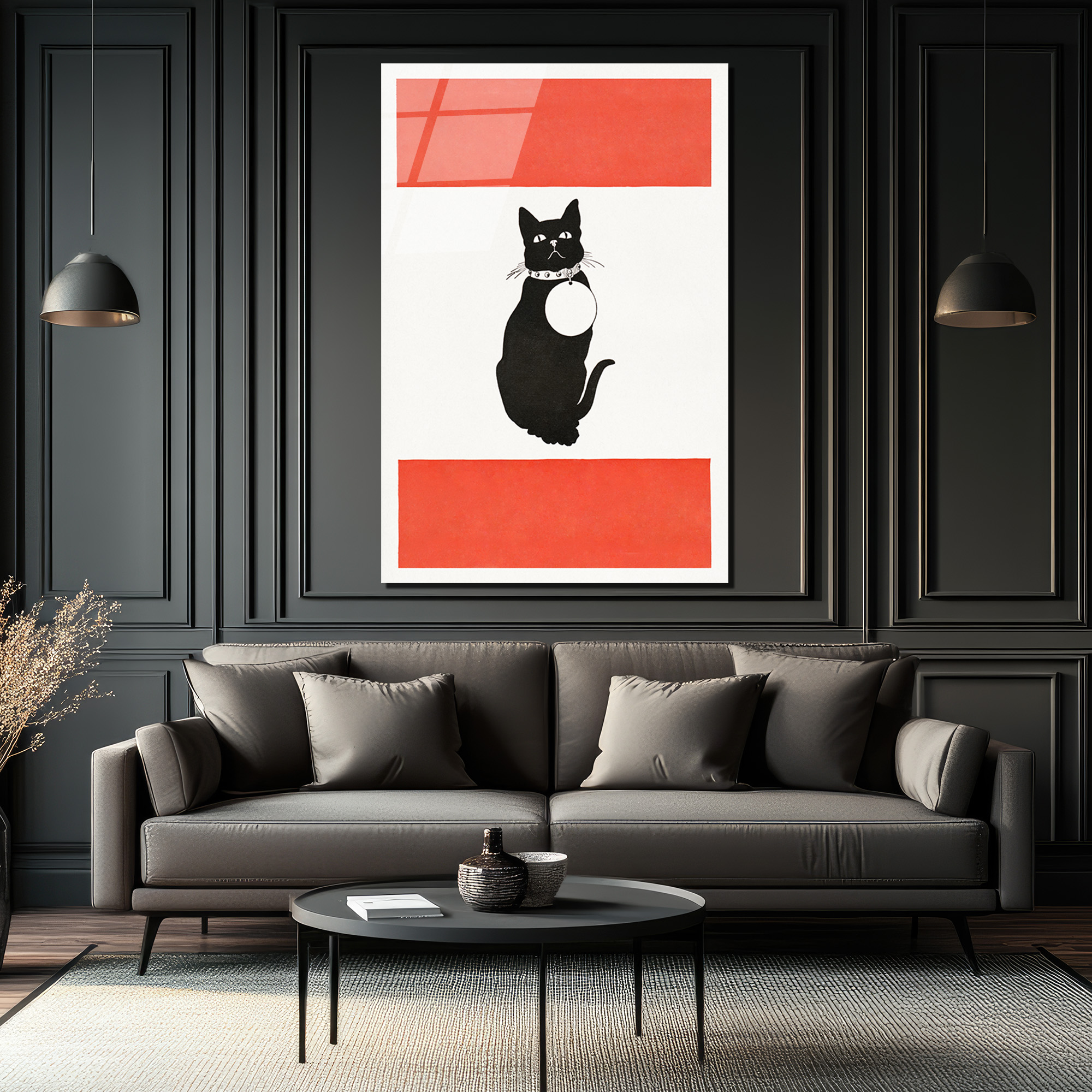 Minimalist Kırmızı Çizgili Siyah Kedi Cam Tablo - Glazella Minimalist Kırmızı Çizgili Siyah Kedi Cam Tablo - Glazella