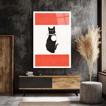 Minimalist Kırmızı Çizgili Siyah Kedi Cam Tablo - Glazella Minimalist Kırmızı Çizgili Siyah Kedi Cam Tablo - Glazella