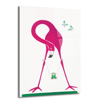 Pembe Flamingo ve Salıncaklı Çocuk Modern Cam Tablo - Glazella