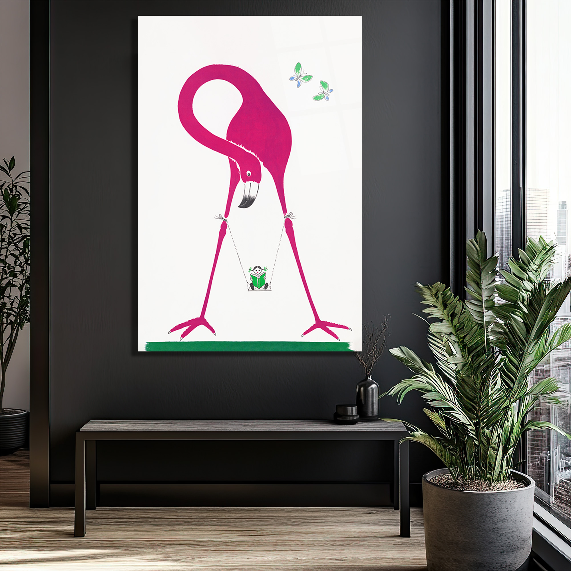 Pembe Flamingo ve Salıncaklı Çocuk Modern Cam Tablo - Glazella Pembe Flamingo ve Salıncaklı Çocuk Modern Cam Tablo - Glazella