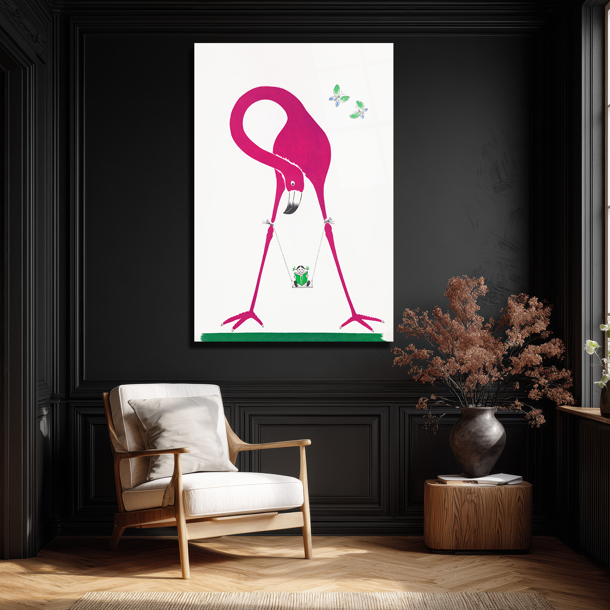 Pembe Flamingo ve Salıncaklı Çocuk Modern Cam Tablo - Glazella Pembe Flamingo ve Salıncaklı Çocuk Modern Cam Tablo - Glazella