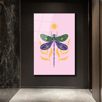 Yusufçuk ve Güneş Motifli Pastel Pembe Cam Tablo - Glazella Yusufçuk ve Güneş Motifli Pastel Pembe Cam Tablo - Glazella