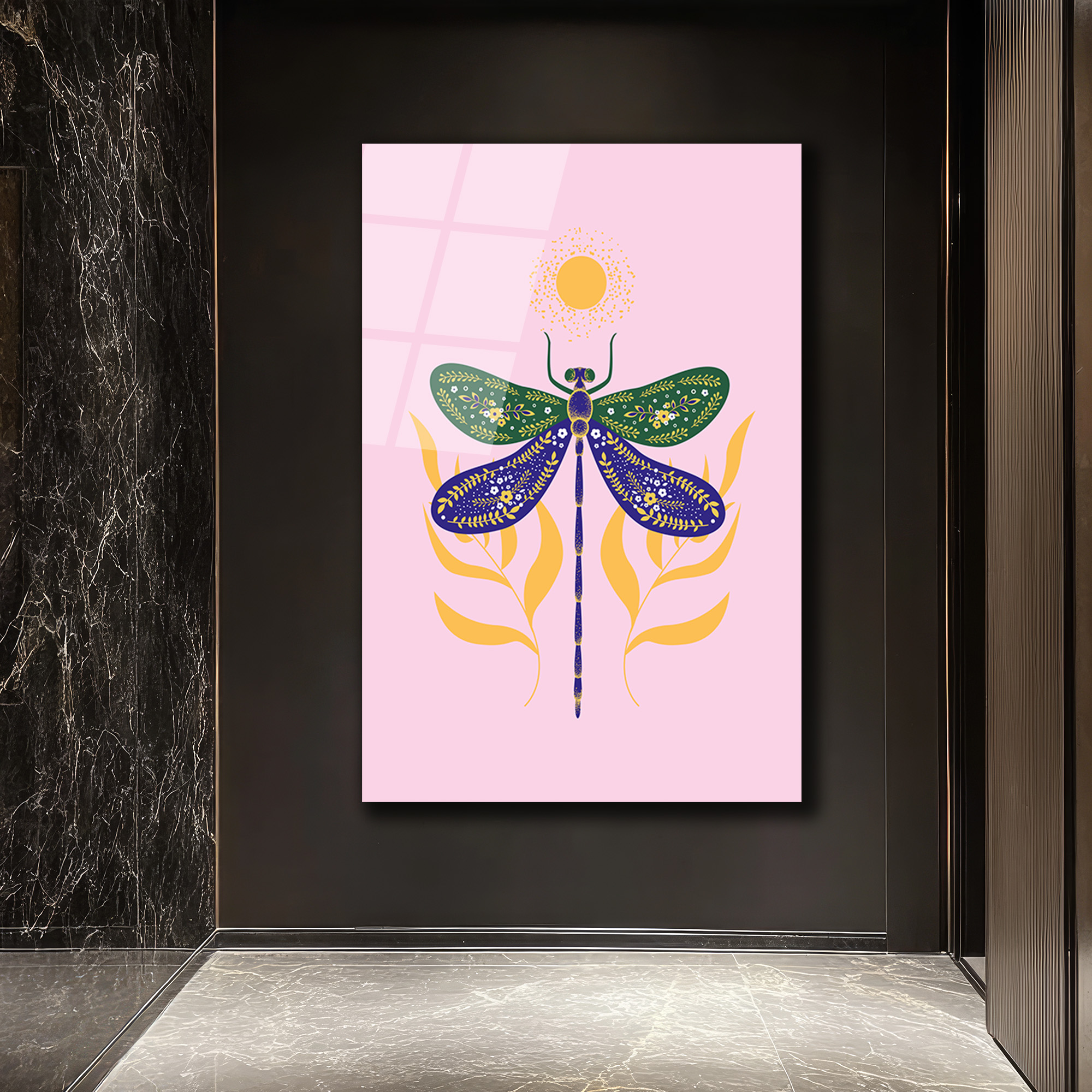 Yusufçuk ve Güneş Motifli Pastel Pembe Cam Tablo - Glazella Yusufçuk ve Güneş Motifli Pastel Pembe Cam Tablo - Glazella
