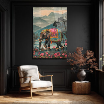 Görkemli Hint Fili ve Çiçek Bahçesi Cam Tablo - Glazella Görkemli Hint Fili ve Çiçek Bahçesi Cam Tablo - Glazella